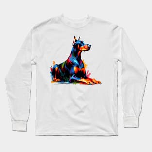 Elegant Doberman Pinscher in Colorful Splash Art Style Long Sleeve T-Shirt